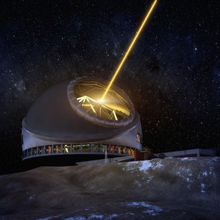 This artist's concept shows the Thirty Meter Telescope at night, with the laser guide star system operating.