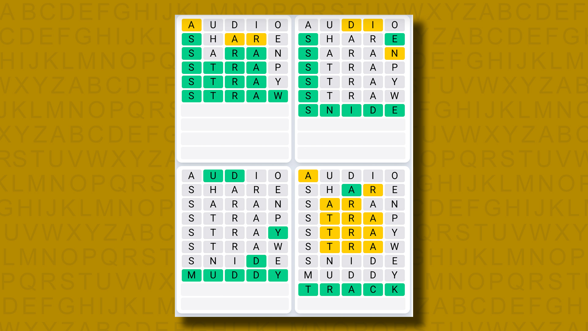 Quordle Daily Sequence answers for game 1141 on a yellow background