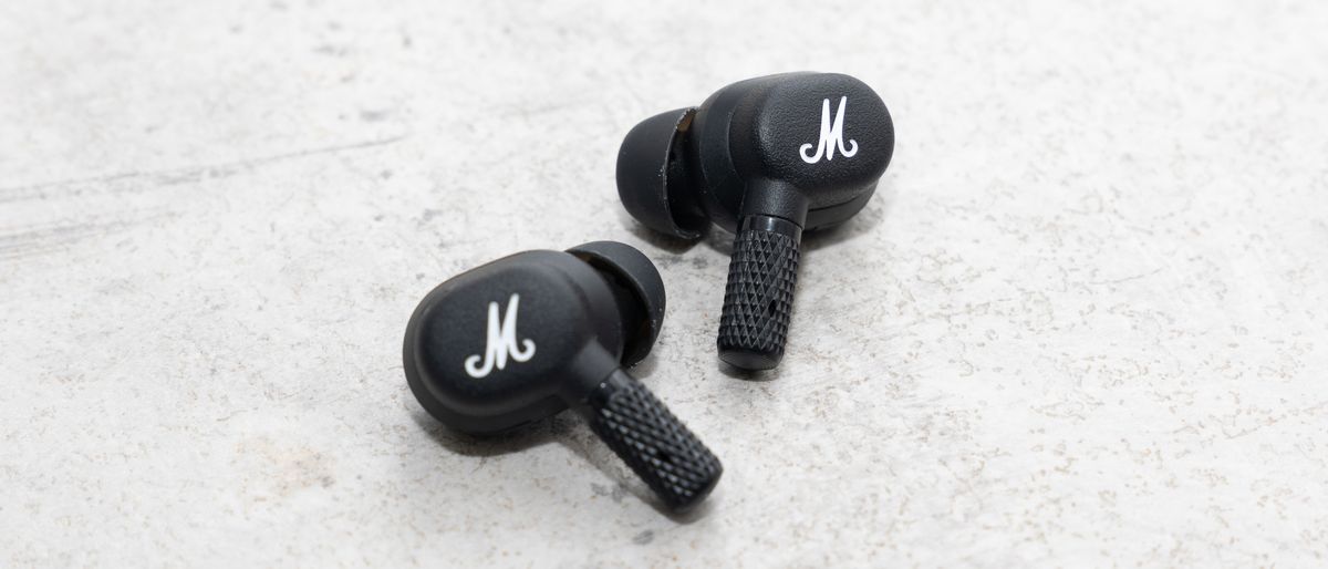 a closeup of the marshall motif anc true wireless earbuds