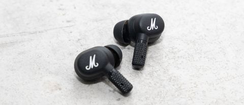 a closeup of the marshall motif anc true wireless earbuds