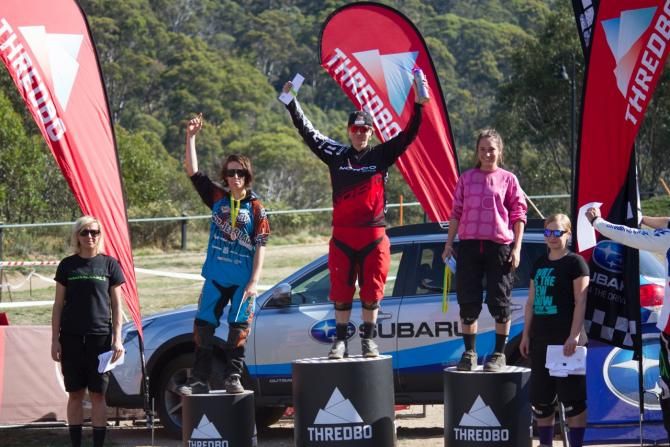 The elite women's downhill podium at round 3 of the Australian National Series