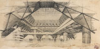 Hall of Nations, Pragati Maidan, New Delhi, India. 1970–72. Demolished 2017. Raj Rewal Associates (est. 1962). Architect: Raj Rewal (b. 1934). Engineer: Mahendra Raj (b. 1924). Perspective drawing. c. 1970