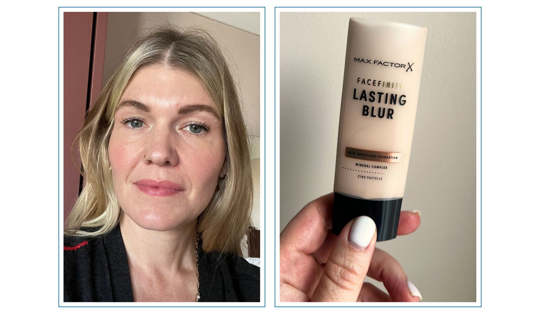 Fiona wearing the max factor lasting blur foundation on her skin and holding a bottle of the foundation