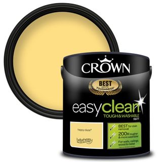 tin of Crown paint easy clean in Happy Daze yellow