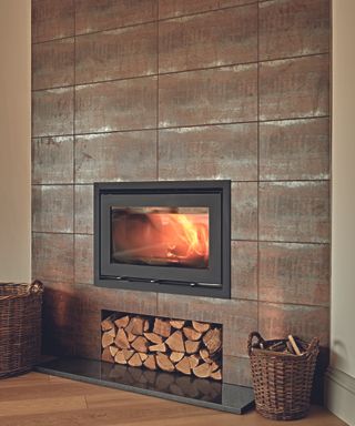 Fired Earth furnace tiles around built-in cassette fire in a modern living room