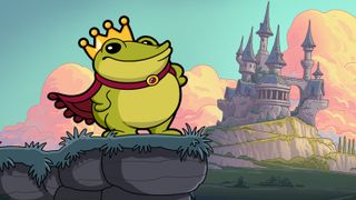 Croak, a cartoon frog in front of a castle