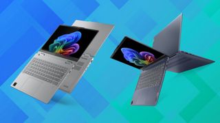 Image of two Lenovo laptops on a blue background.