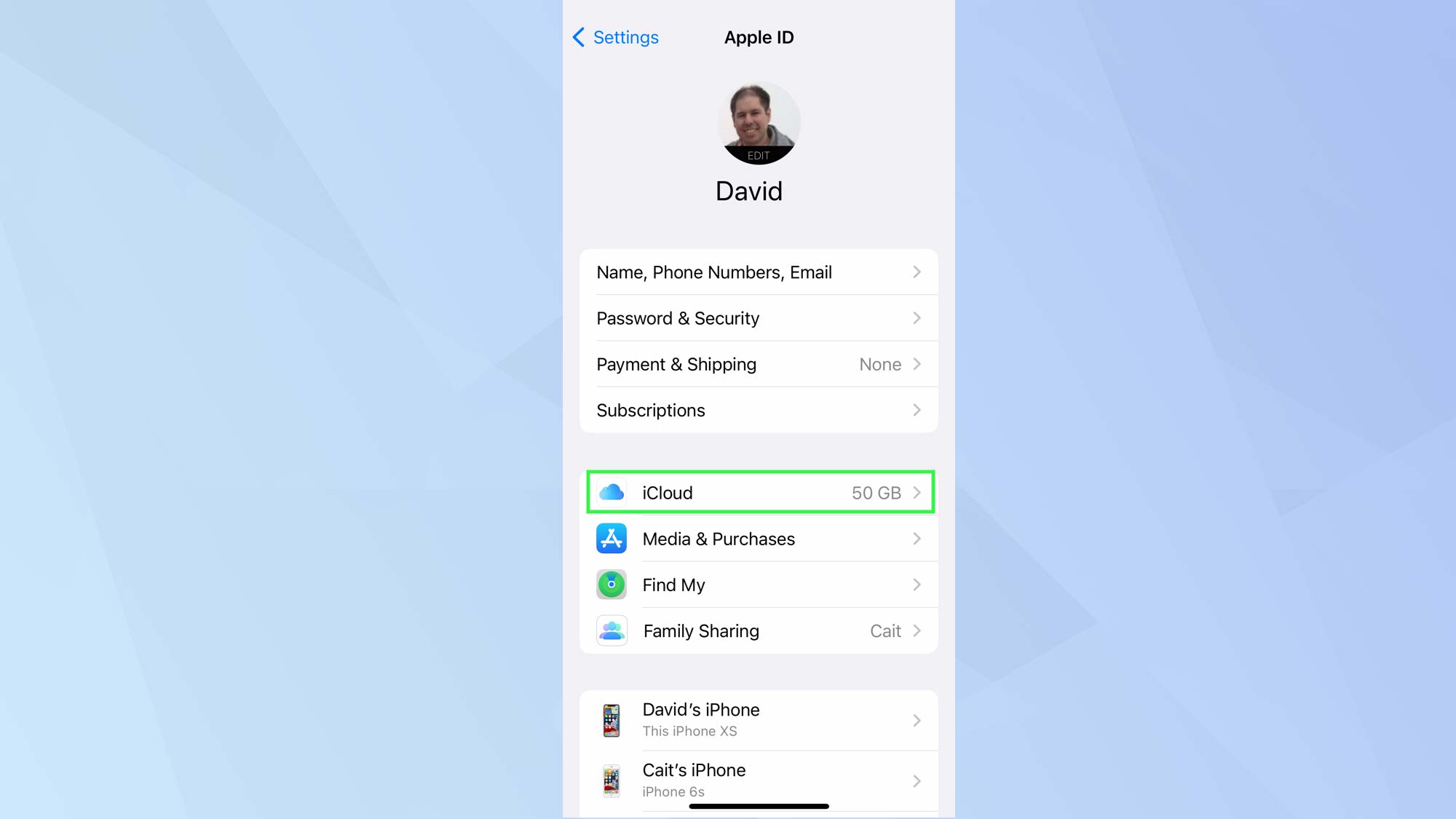 Приложение настроек iOS с выделенным iCloud
