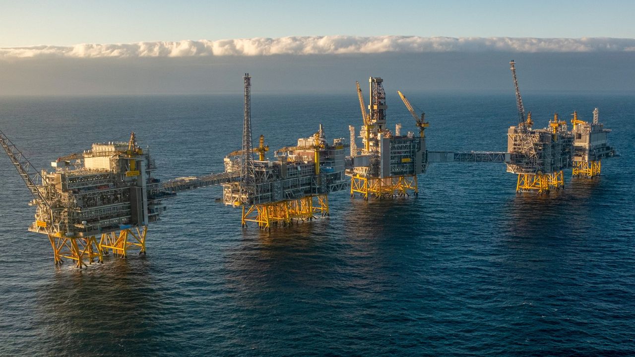 The Equinor ASA offshore oil drilling platform on Johan Sverdrup oil field in the North Sea off the coast of Norway