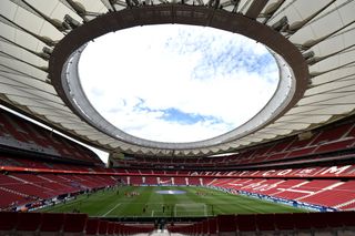 General view inside the stadium prior to the La Liga Santander match between Atletico de Madrid and C.A. Osasuna at Estadio Wanda Metropolitano on May 16, 2021 in Madrid, Spain. Sporting stadiums around Spain remain under strict restrictions due to the Coronavirus Pandemic as Government social distancing laws prohibit fans inside venues resulting in games being played behind closed doors.