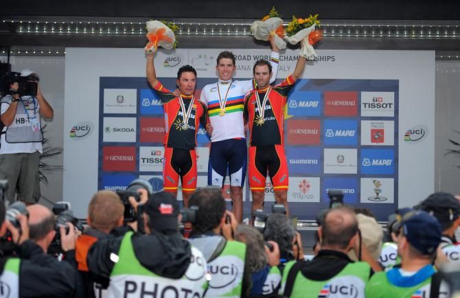 The 2013 World Championships podium of Joaquim Rodr&iacute;guez (Spain), Rui Costa (Portugal) and Alejandro Valverde (Spain)