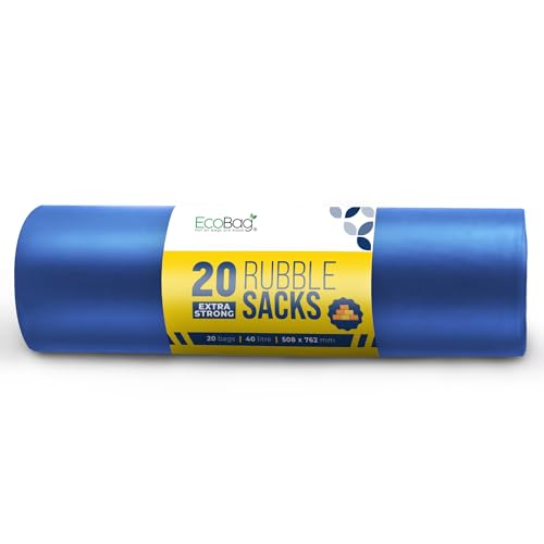 Ecobag 20 Pack Blue Rubble Bags - 40l - 100 Microns - Recyclable Heavy Duty Bin Bags - Leak Resistant Rubble Sacks for Garden, Builders, Caterers, Kitchen, Diy (508 X 762mm)