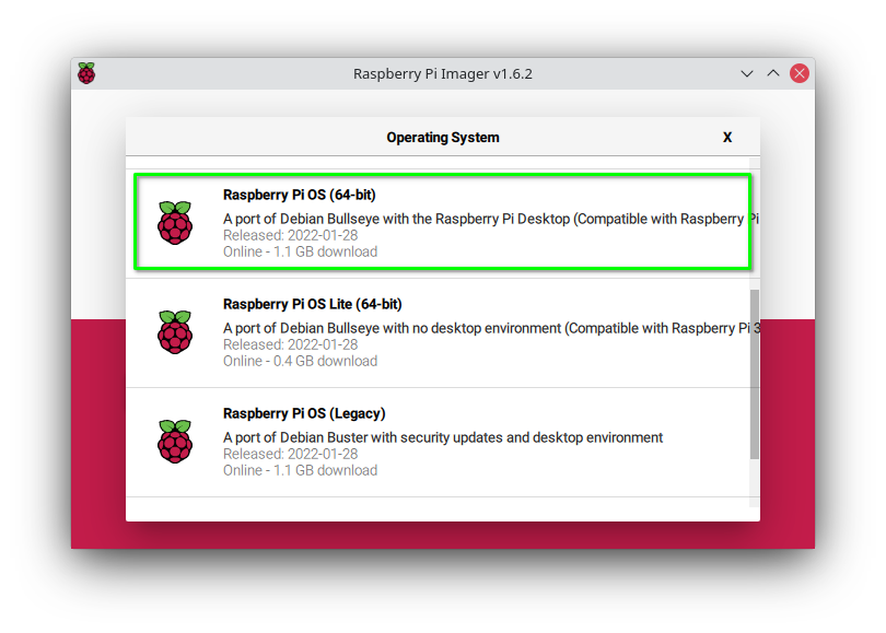 Screenshots of Raspberry Pi Imager