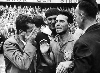 Mario Zagallo cries tears of joy after winning the 1958 World Cup with Brazil.