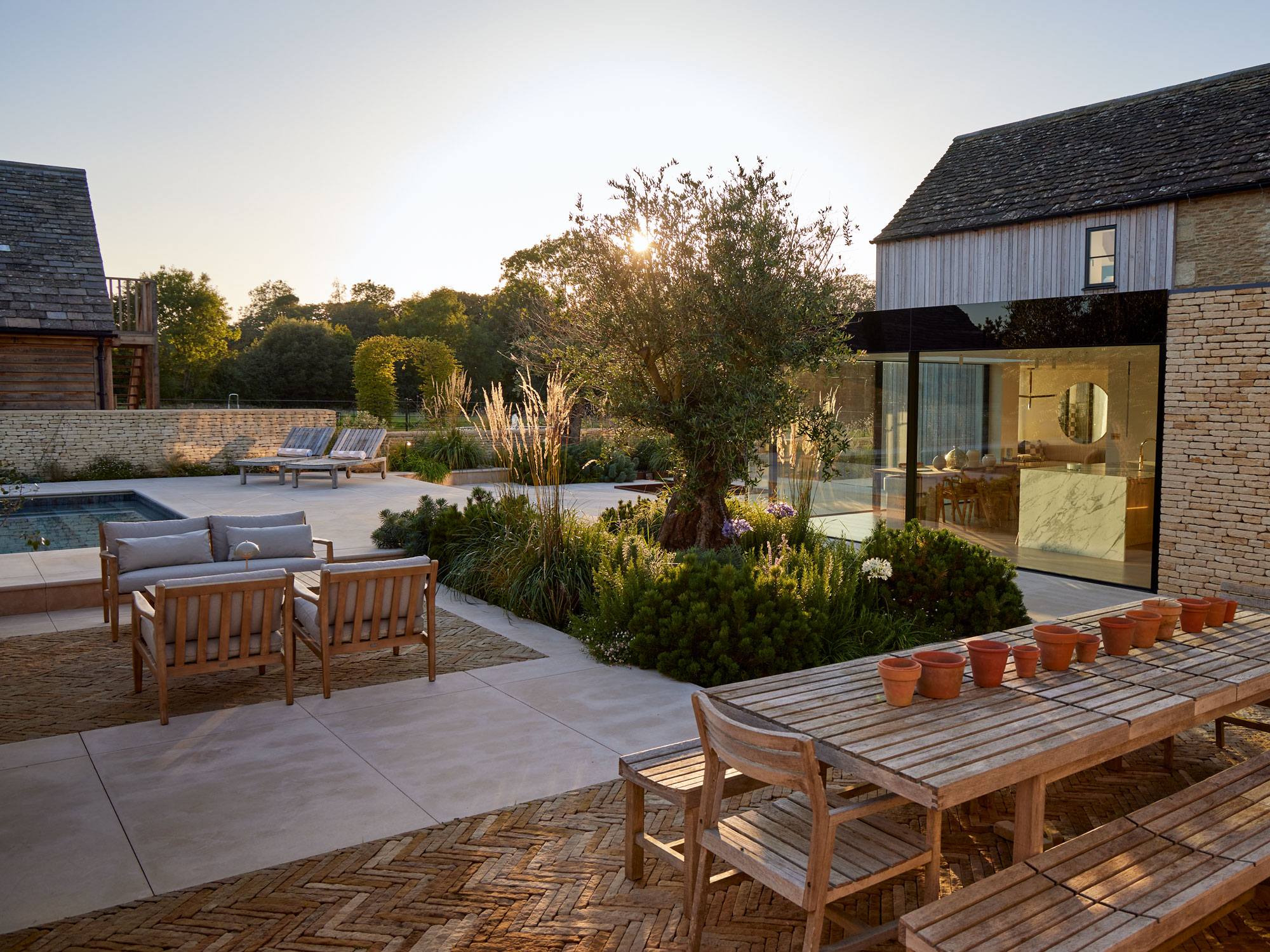 modern patio design with garden furniture, planting island with olive tree and ornamental grasses, pool and paved areas
