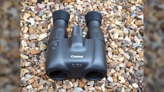 Close up Canon 10x20 IS Binoculars.