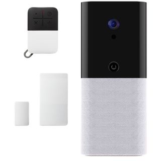 abode iota security kit with camera, door and window sensor, and remote