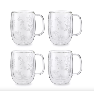 Glass double wall coffee mug set with snowflake design from Saks Fifth Avenue.