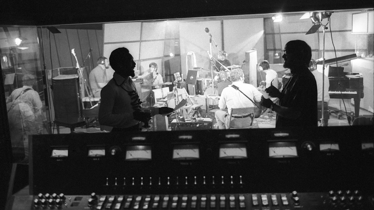 R&B and Soul singer Wilson Pickett (left) and engineer Tom Dowd chat during a recording session at the Muscle Shoals Sound Studio on November 24, 1969 in Sheffield, Alabama.