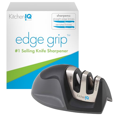 Kitcheniq 50009 Edge Grip 2-Stage Knife Sharpener, Black, Coarse &amp;amp; Fine Sharpeners, Compact for Easy Storage, Stable Non-Slip Base, Soft Grip Rubber Handle, Straight &amp;amp; Serrated Knives