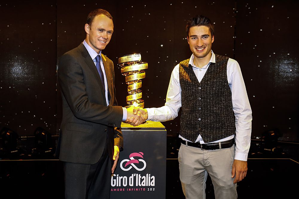 Chris Froome and Gianni Moscon (Team Sky) at the presentation of the 2019 Giro d'Italia