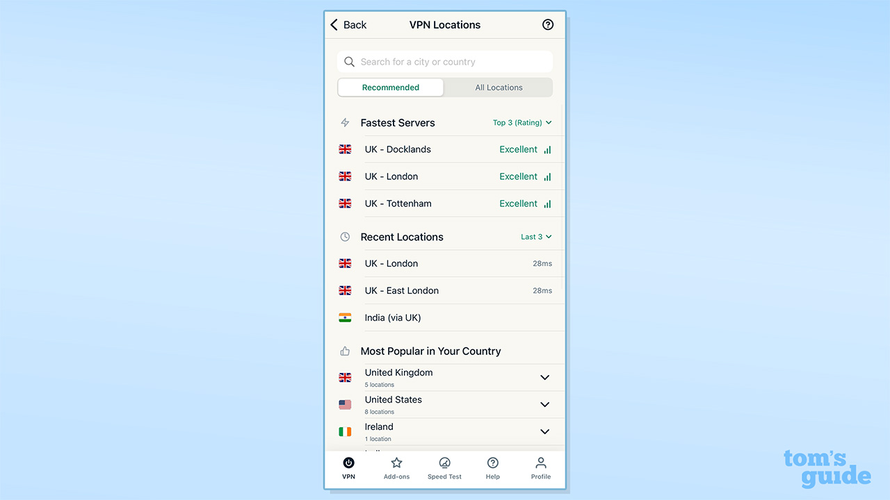 Screenshot of new ExpressVPN mobile app new server list