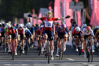 MADINAT ZAYED UNITED ARAB EMIRATES FEBRUARY 09 Lorena Wiebes of The Netherlands and Team SD WorxProtime Red leader Jersey celebrates at finish line as stage winner during the 2nd UAE Tour 2024 Stage 2 a 113km stage Al Mirfa Bab Al Nojoum to Madinat Zayed UCIWWT on February 09 2024 in Madinat Zayed United Arab Emirates Photo by Dario BelingheriGetty Images