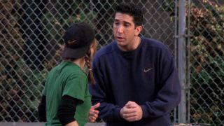 Jennifer Aniston and David Schwimmer as Rachel and Ross on Friends.