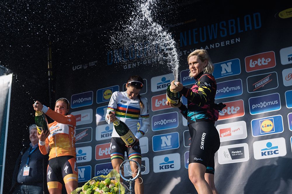 Tiffany Cromwell (Canyon//SRAM) celebrates her third place finish in Gent - 2016 Omloop het Nieuwsblad - Elite Women