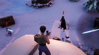 Fortnite - A player points a rifle at Darth Vader who stands in the snow with an exclamation mark over his head