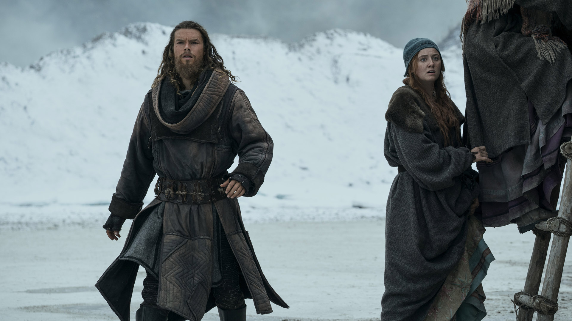 Leif looks concerned as he spots something off-camera in Vikings Valhalla season 2