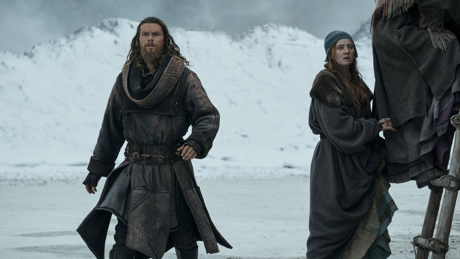 Leif looks worried when he spots something off-camera in Vikings Valhalla season 2