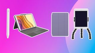 Product shots of the various best iPad accessories on a colourful purple background