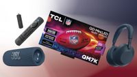 An image showing the TCL QM7K, JBL Flip 7, Amazon Fire TV Stick 4K Max (2nd Gen) and Sony WH-1000XM6