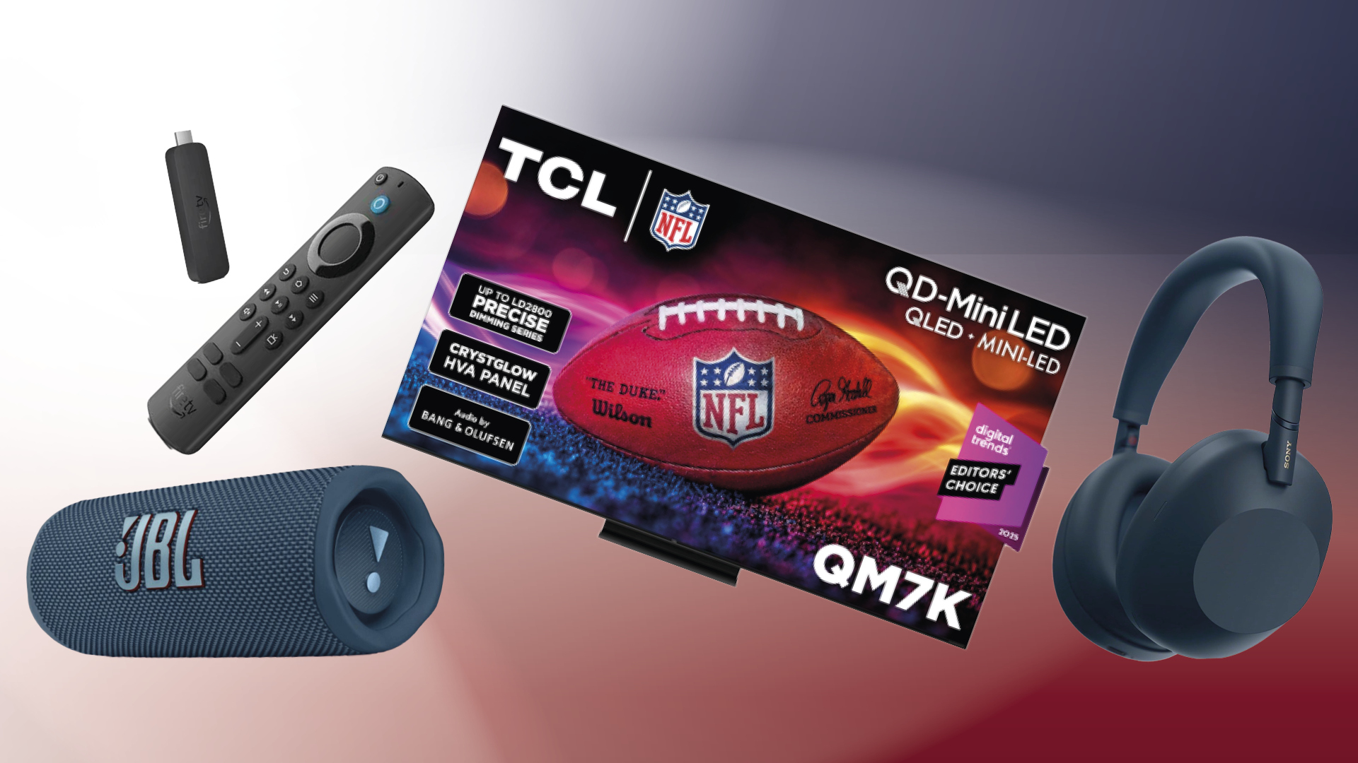 An image showing the TCL QM7K, JBL Flip 7, Amazon Fire TV Stick 4K Max (2nd Gen) and Sony WH-1000XM6