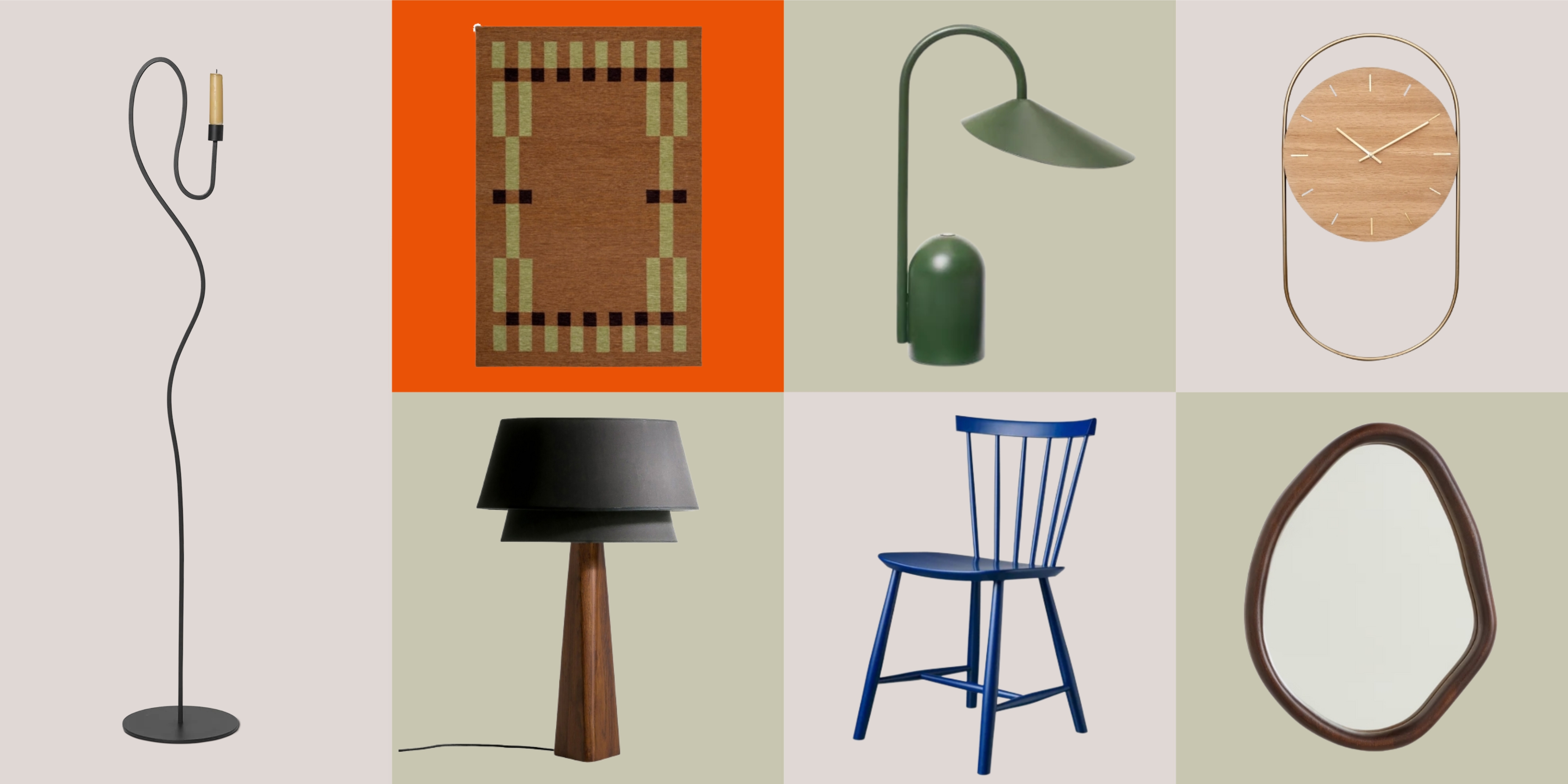 Seven product boxes each containing a different Scandinavian-style decor piece for the home. There are chairs, laps, mirrors, rugs, etc.