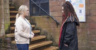 Harley arrives to speak to Leela Lomax in Hollyoaks.