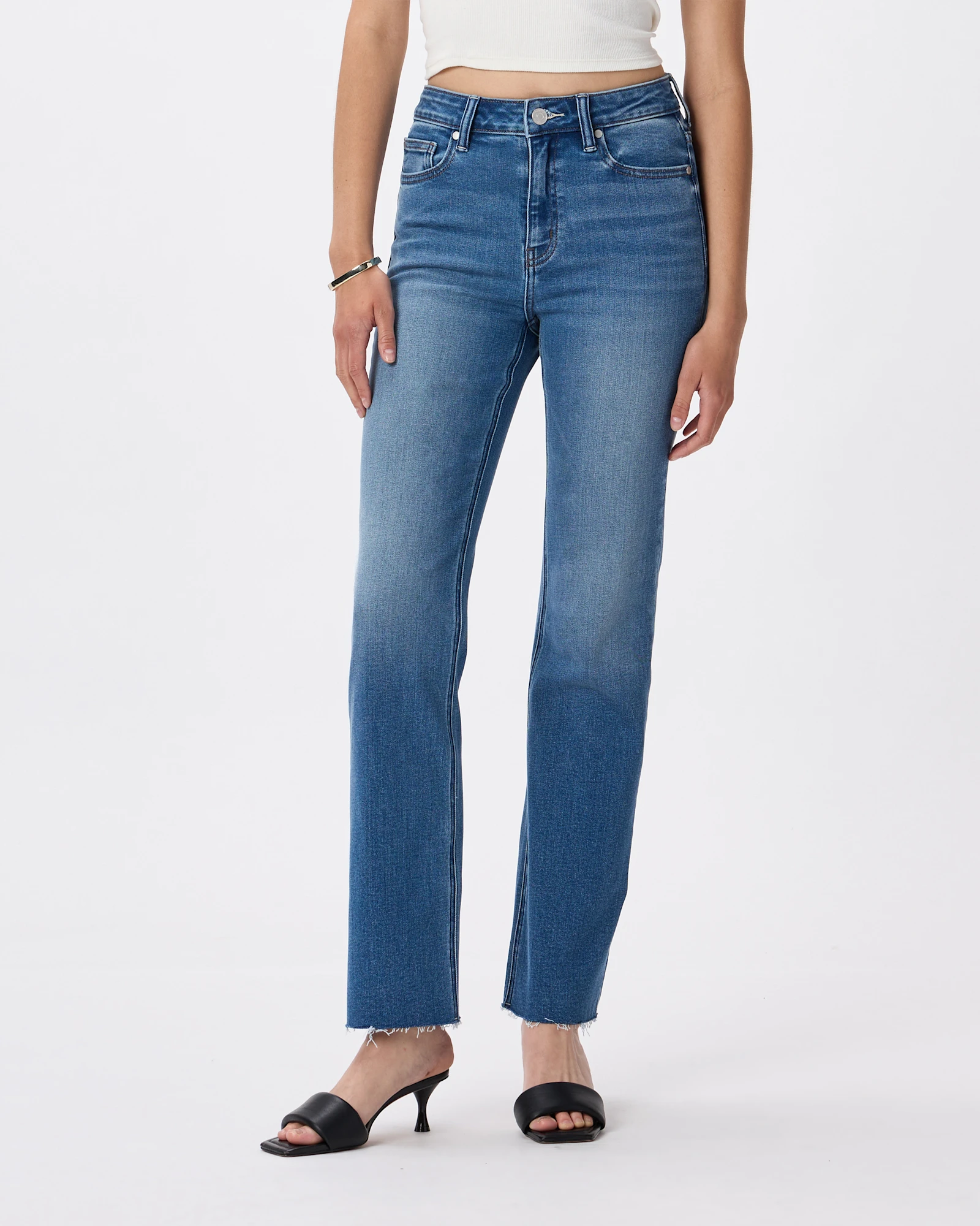 Bella Stretch Straight Jeans in Twilight Blue Fray, Size 24