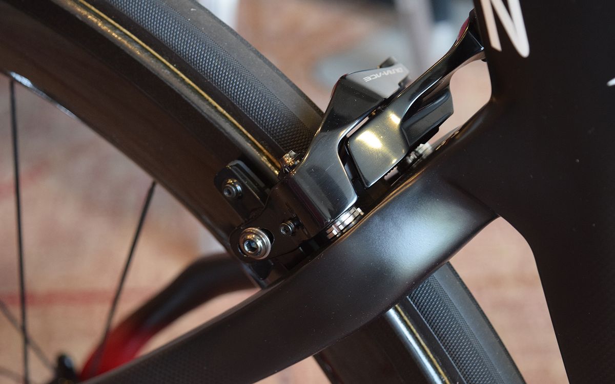 Here you can see the bolts of the direct mount brakes, which offer stiffer braking and a wider tyre clearance