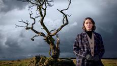 Suranne Jones standing in front of a hawthorn tree, Burnley, Lancashire.
