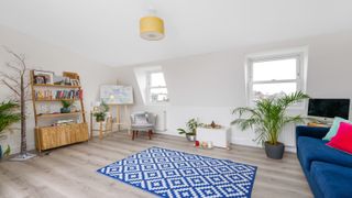 Living room with blue and white rug and wood floor