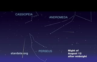 This map shows where to look for Perseid meteors on the night of August 12, 2013.