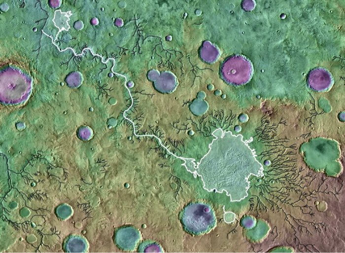 An image colored based on elevation shows Parana Basin, which scientists believe was once a lake. The white valley is one researchers believe formed from a catastrophic breach; the black valleys are ones scientists believe formed by other mechanisms.