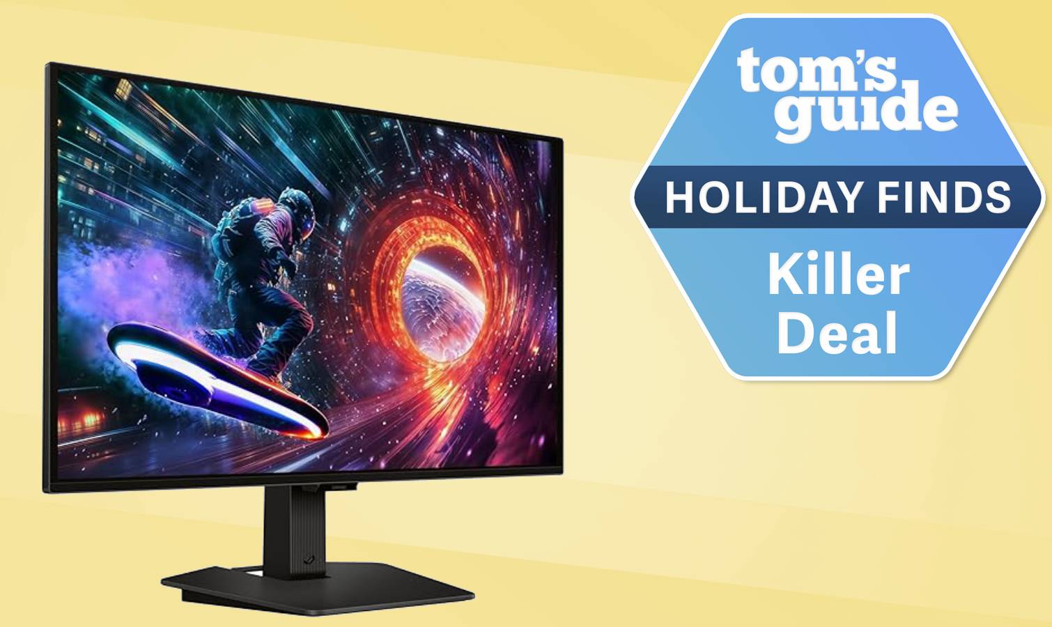 Samsung Odyssey G5 gaming monitor with deal tag superimposed