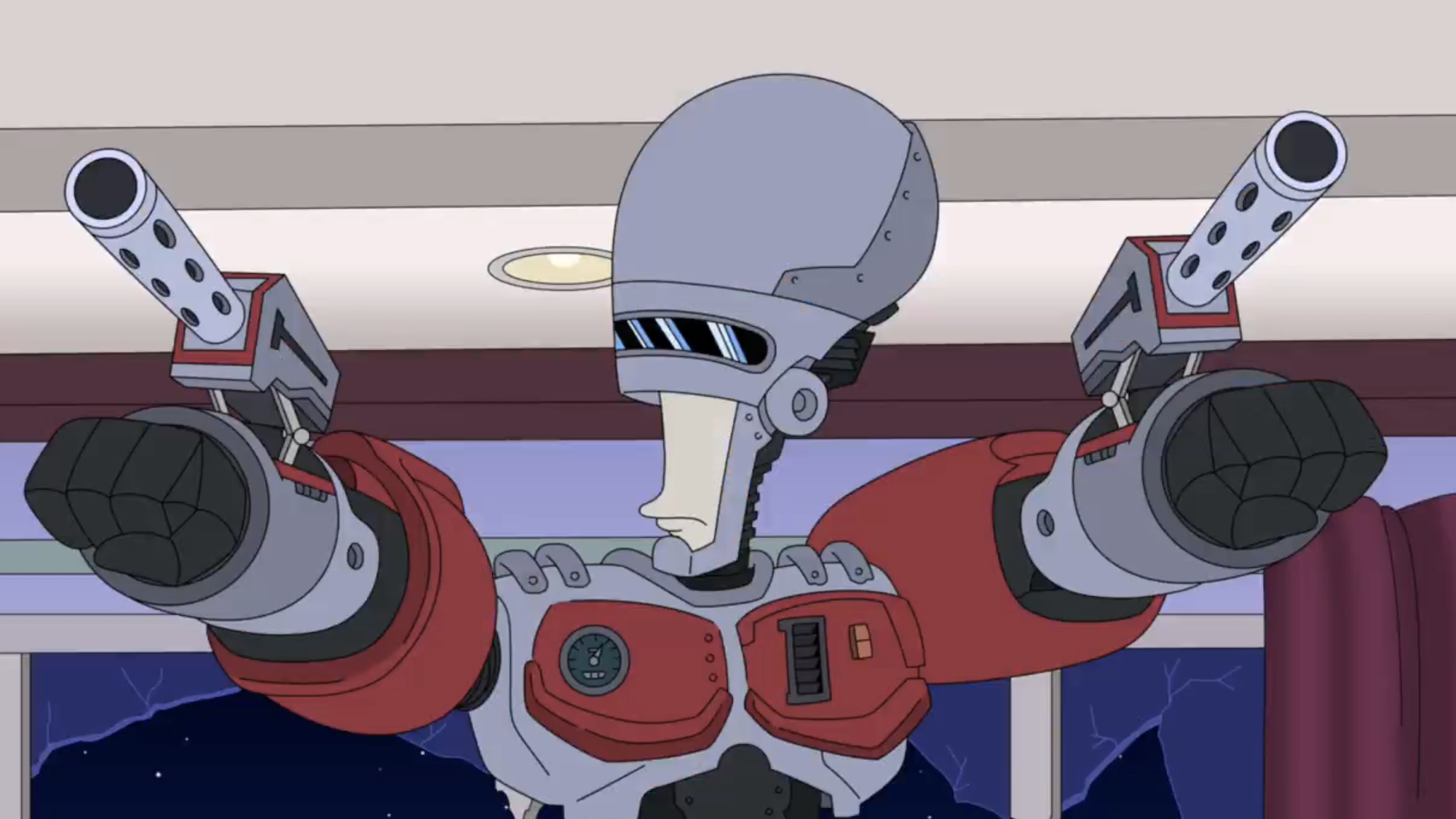Roger dressed as RoboCop and holding his arm-guns out in American Dad