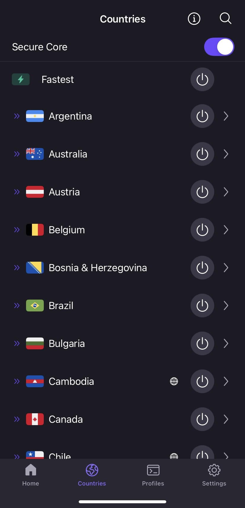 Proton VPN's iOS app, displaying a portion of its server list. It has servers in Argentina, Australia, Austria, Belgium, Bosnia &amp; Hrzegovina, Brazil, Bulgaria, Cambodia, Canada and Chile