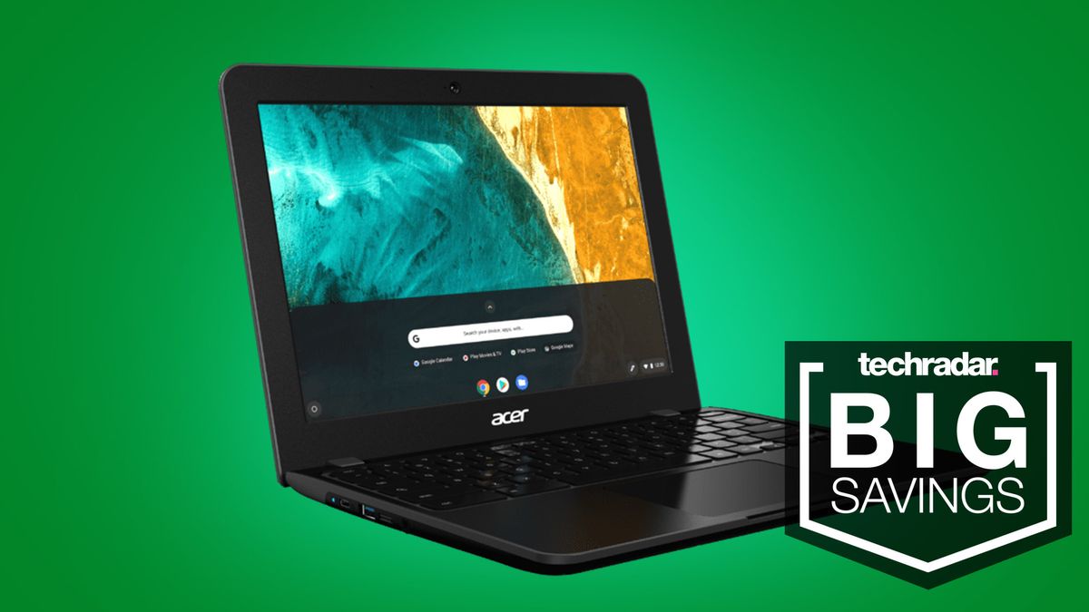 Acer Chromebook 512 laptop on green background and &#039;Big Savings&#039; text