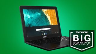 Acer Chromebook 512 laptop on green background and 'Big Savings' text