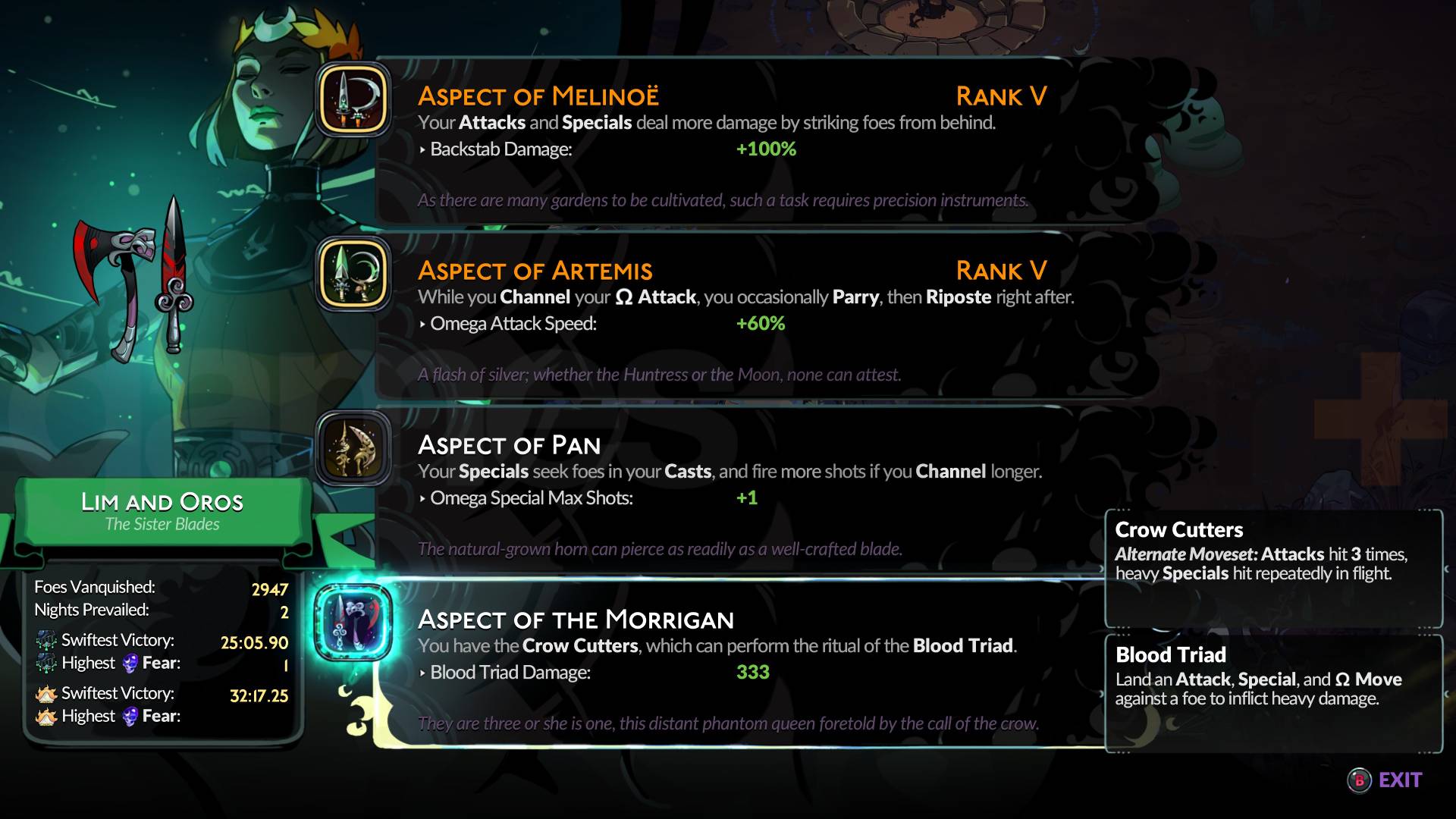 Hades 2 Sister Blades Aspects of Melinoe, Artemis, Pan, and Morrigan