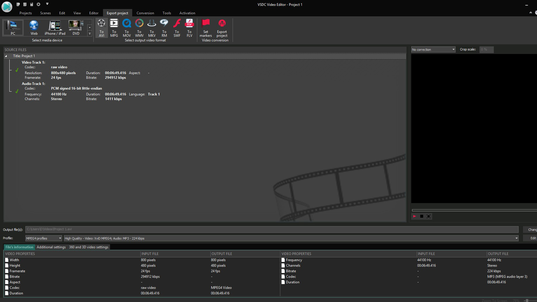 The Export window provides several direct options for video file output